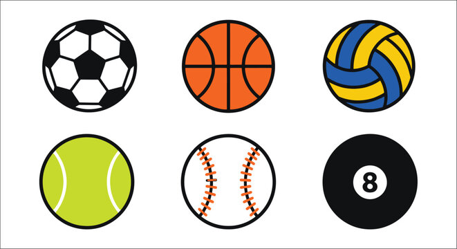 Collection of sports balls vector illustration on a white background soccer ball football basketball volleyball tennis baseball billiard eight equipment athletic gear game spheres circular