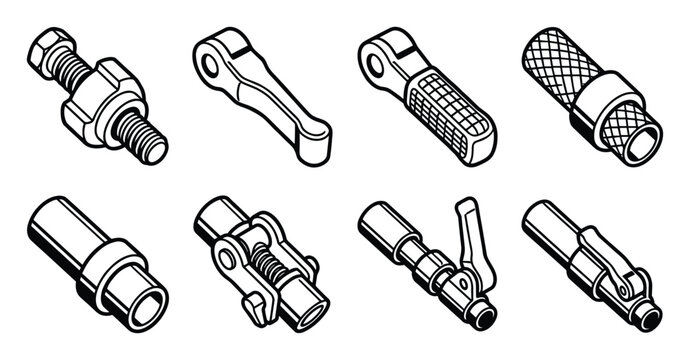 Eight isometric line art illustrations of tripod leg flip lock mechanisms.