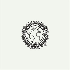 Obraz premium Minimalist line drawing of earth surrounded by floral wreath on light background