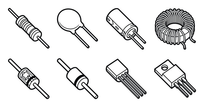 Electronic components line art drawings of resistors capacitors diodes transistors