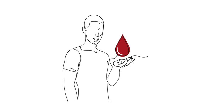 Man holding a drop of blood in his palm, medical concept, donation, health care