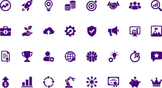 Collection of 28 business and finance related icons in purple