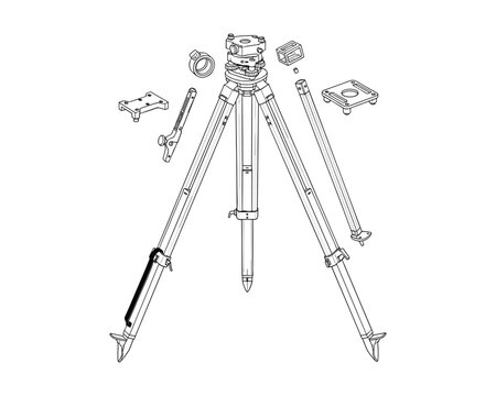 Exploded view diagram of a surveying tripod in black and white line art.