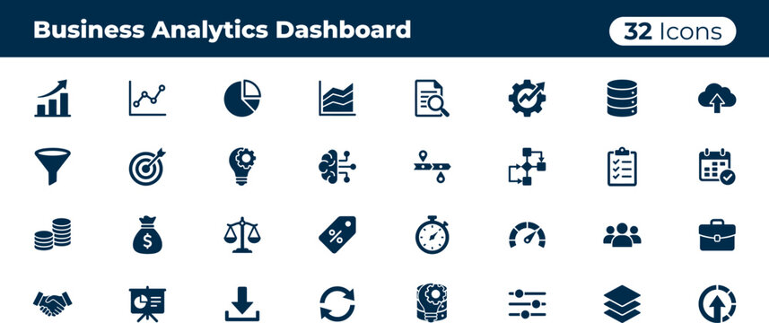 Business analytics dashboard icon set data visualization reporting and strategic decision making tools