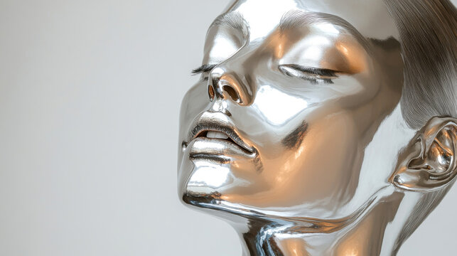 a close-up, high-gloss sculptural head with a metallic silver finish. The smooth surface reflects surrounding light, creating dramatic highlights and shadows across its serene, closed-eyed facial feat
