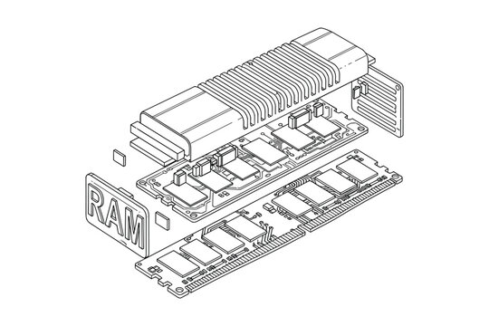 Exploded view of a RAM memory module, displaying internal components