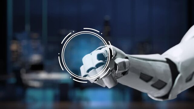 A robotic hand displays an ethics symbol with scales, showcasing the interplay between artificial intelligence and moral principles in a modern office setting. Synapse