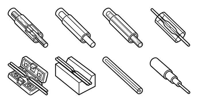 Fiber optic splice sleeve icons, line art collection for network projects