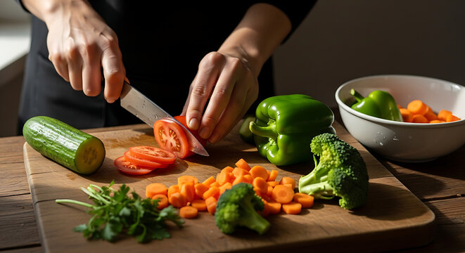 Hands slicing fresh tomato for healthy meal preparation with assorted vegetables on cutting board during daylight