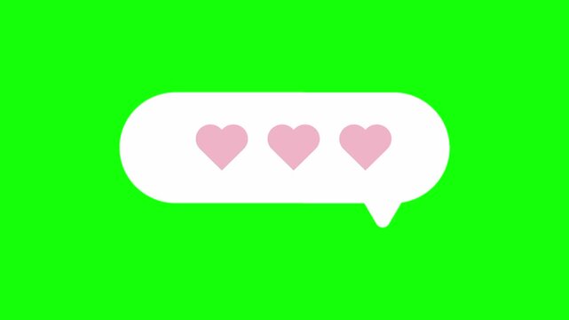 Love icon, animated heart shaped in chat box bubble cartoon vector. Social media idea, message, interaction symbol. Popup clipart shape animation green screen background template