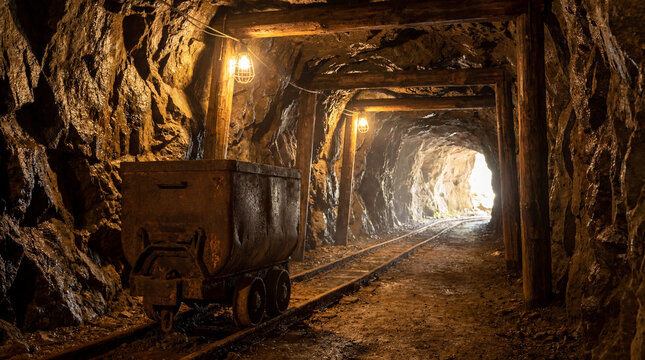 Deep inside an old, historic mine tunnel with a rusty mining cart on tracks, illuminated by lamps and distant light