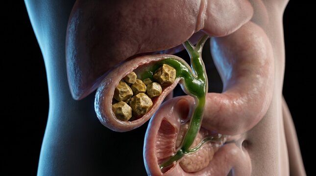Detailed 3D illustration of gallstones forming within the gallbladder and bile ducts
