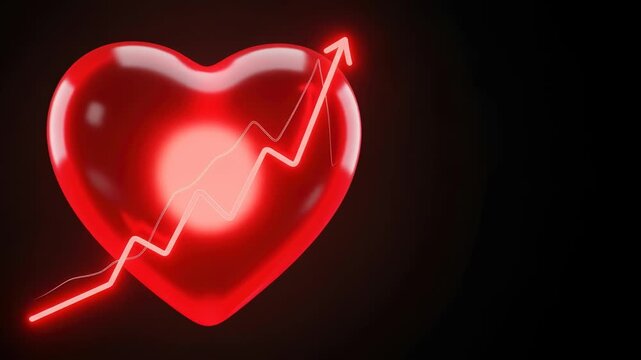 Healthcare growth statistics heart icon red chart glowing arrow showing medical wellness progress cardiology data trend dark background