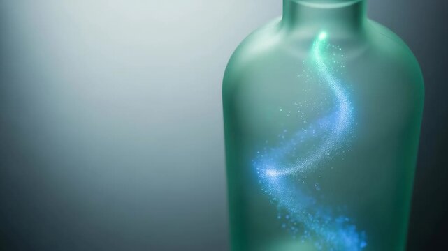 Green Glass Bottle Glow Mist Strategic Navigation Curve Light Frosted Surface Teal Sparkle Trail Soft Background Copy Space