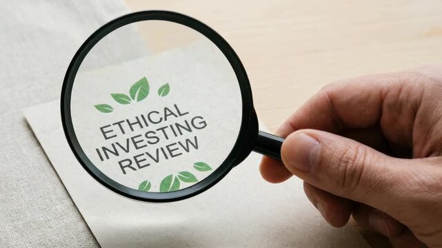 Ethical Investing Review Concept with Sustainable Finance Growth Focus, Magnifying Glass Analysis, Responsible Investment, Positive Impact