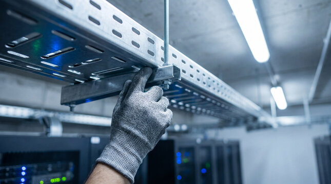 Close-up of a worker in gloves installing a metal cable tray system, essential for cable management in a data center