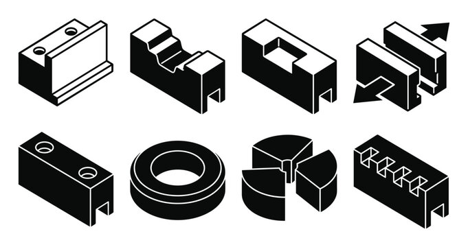 Isometric CNC machining soft jaw icons set. Black and white technical illustrations.