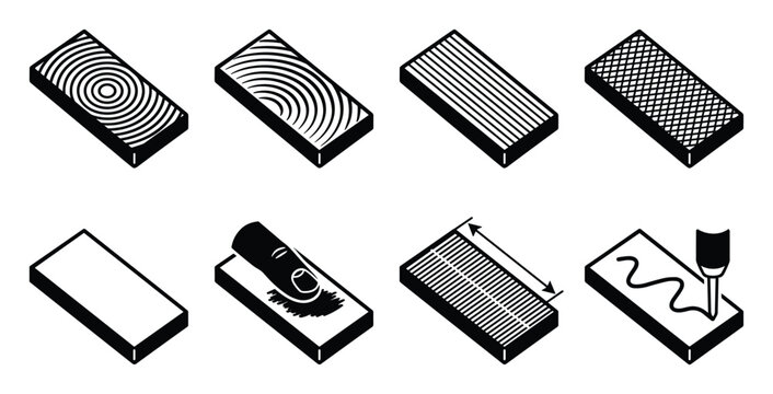 Isometric icons for metrology surface roughness textures and measurements.