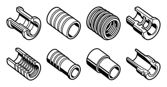 Isometric hydraulic hose ferrule line art icons and fittings collection.