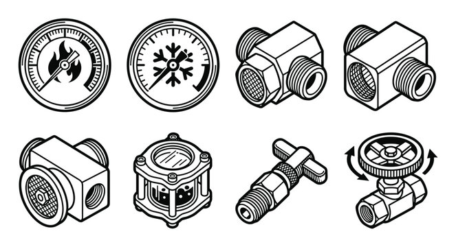 Isometric HVAC manifold gauges, valves, and pipe fitting line art icons.