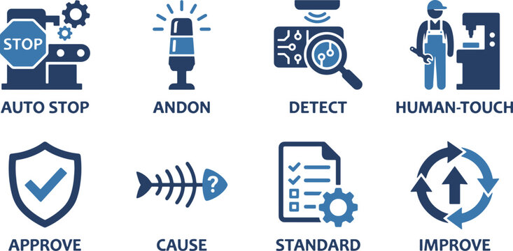 Set of blue industrial lean manufacturing icons for process optimization and quality control management isolated on white background.