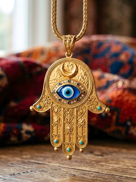 Ornate Gold Hamsa Hand Pendant with Blue Evil Eye and Turquoise Stones on Gold Chain, Turkish Moroccan Spiritual Protection Jewelry Concept