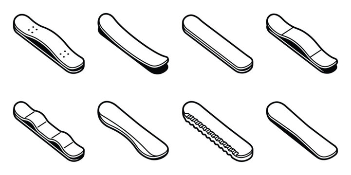 Isometric line art icons display various snowboard camber and edge profiles.