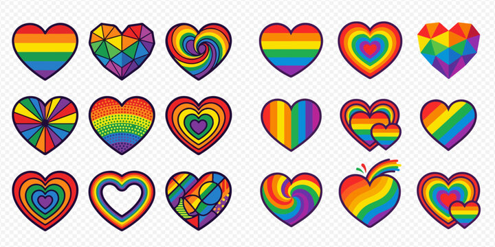Collection of vibrant rainbow hearts with diverse designs, symbolizing love, pride, and LGBTQ+ community support.