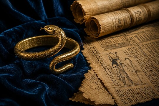 Golden serpent armlet on blue velvet with aged papyrus scrolls, historical elegance.