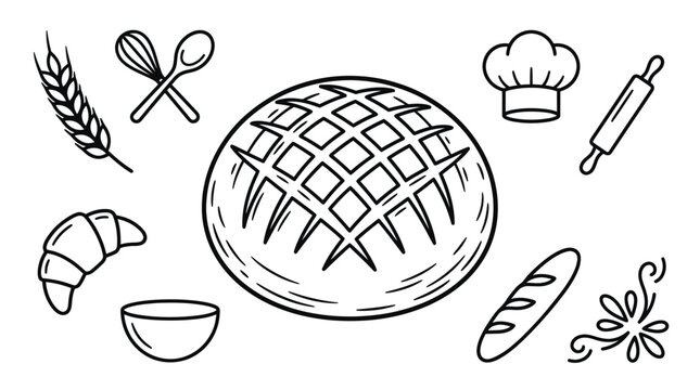 Large round crusty bread with bakery utensil icons.