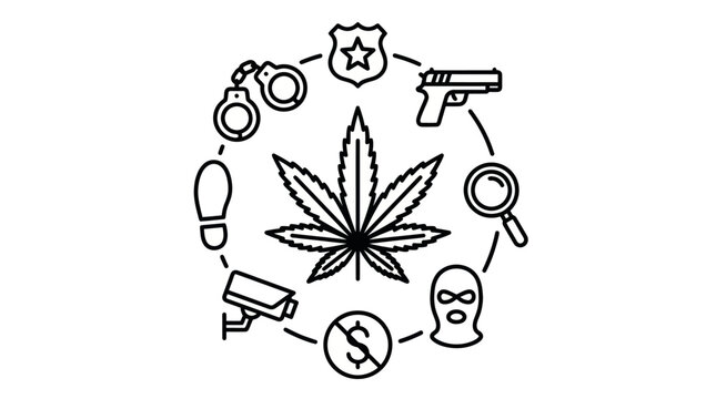 Marijuana leaf surrounded by law enforcement and crime icons.