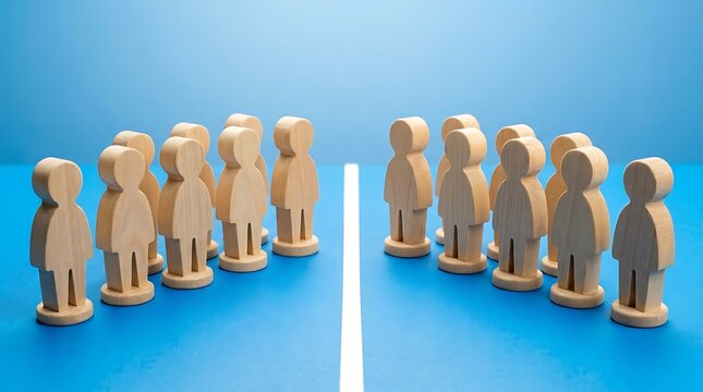 A group of wooden people figures standing divided into two opposing sides on a blue surface with a white line.