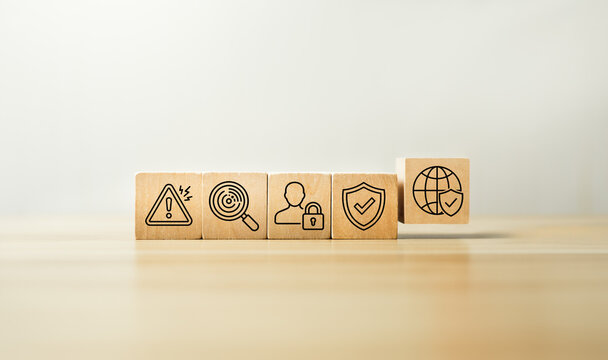 Cybersecurity risk management concept with wooden blocks showing threat warning detection authentication shield protection and global data security framework for business privacy compliance