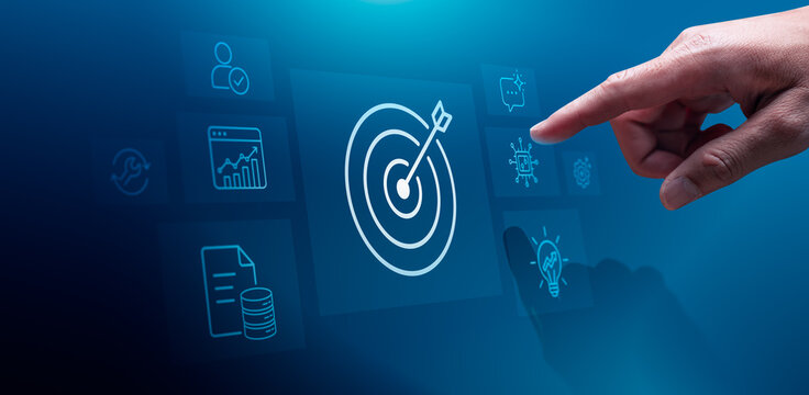 Business strategy target achievement concept with hand pointing to digital goal interface showing workflow analytics data management user verification innovation and process optimization