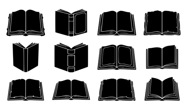 Open Book Silhouette Icon Collection for Education, Library, Reading, Publishing, Literature, Academic Studies, Textbook Layouts, and Creative Learning Vector Graphic Designs