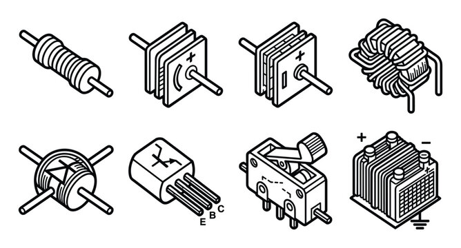 Isometric line art of common electrical circuit components wiring