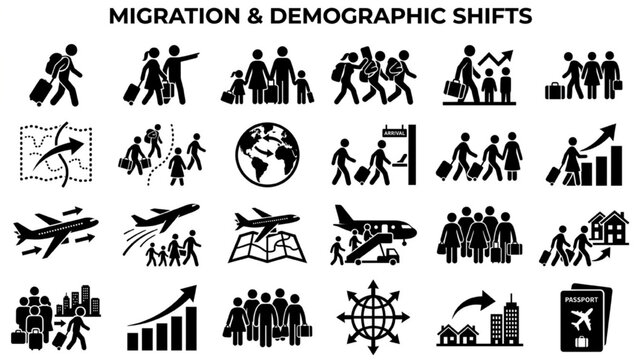 Human Migration Vector Icon Sheet, Flat Silhouettes of Demographic Shifts People with Suitcases Walking and Arrows Across Borders, Minimal Graphic