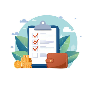 Flat vector illustration of clipboard with checklist and money