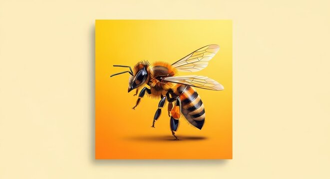 Detailed illustration of a honeybee in a cubist geometric style with vibrant orange and yellow background.