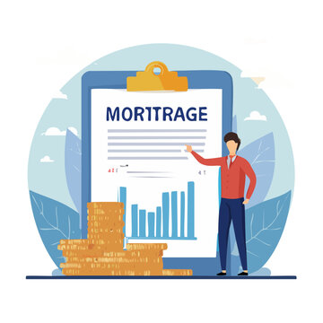Mortgage document with clipboard, chart, and coins illustration