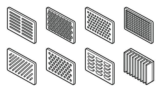 Isometric line art vents, grilles, and louvers for electronic enclosures.
