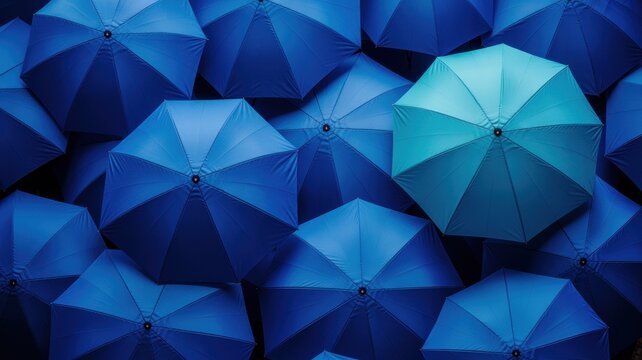 Blue Umbrellas Pattern with One Unique Standing Out Leadership Concept Background