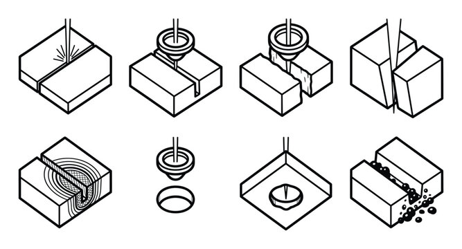 Isometric line icons for laser cutting kerf width and industrial processes
