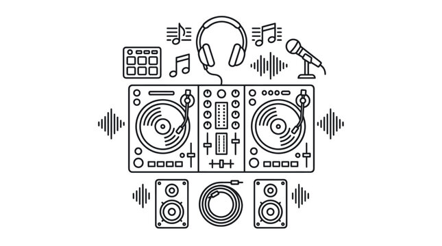 Music DJ mixer and audio equipment line art