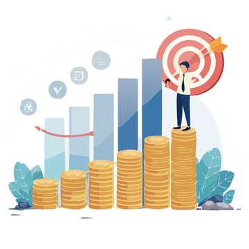 Business growth illustration with coins, chart, and target