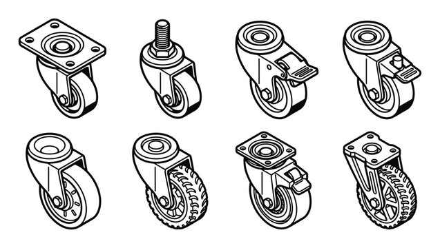 Isometric outline drawing of industrial castor wheel icons collection.