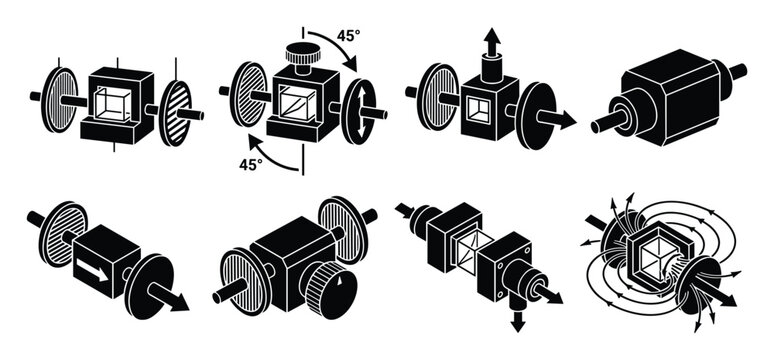 Isometric photonics optical isolator and polarization component icons illustrate light devices.
