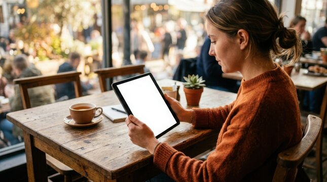 Woman reading tablet at wooden table in cozy cafe with warm lighting