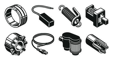 Isometric wind turbine slip ring and carbon brush components vector set