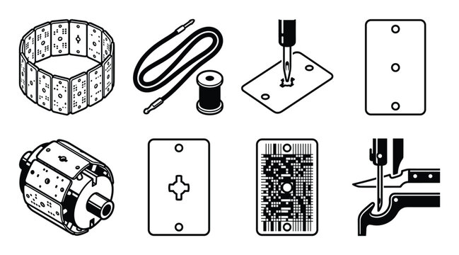 Jacquard loom punch card and textile machinery vector line art icons set.